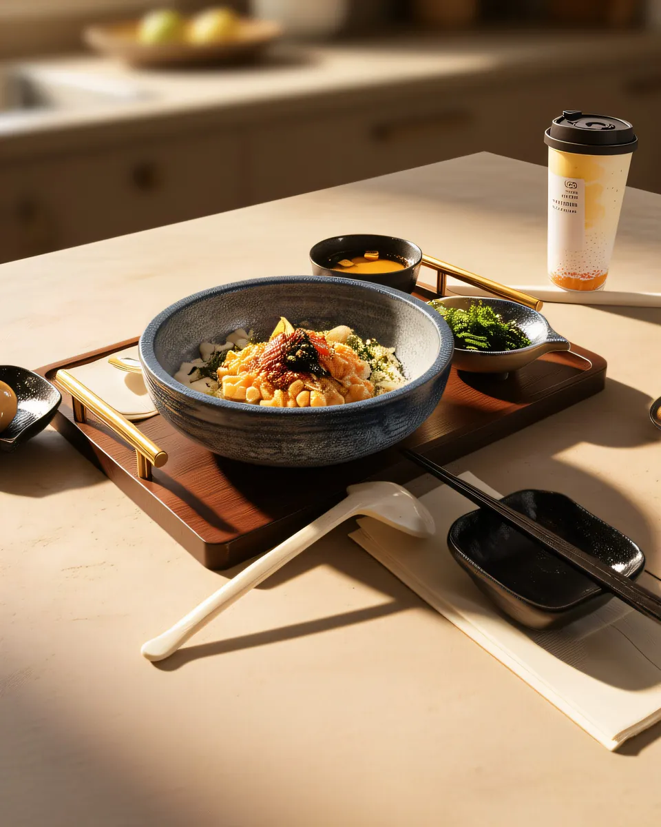 Rice bowl set · after, warm kitchen lighting test